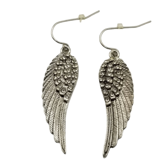 Angel Wings Earrings Silver Tone Textured Dangle Mobwife Mob Wife - Picture 1 of 5